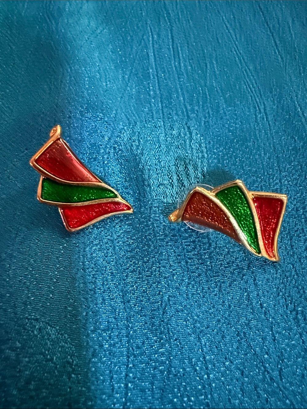 Gold-Tone Red & Green Enamel Wave Stud Earrings